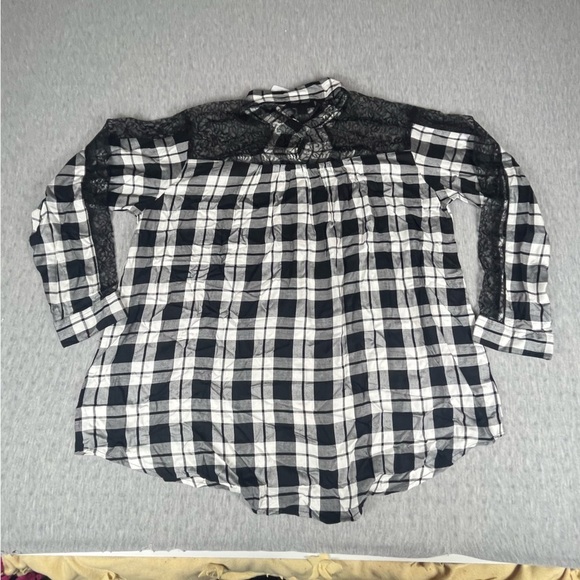 Roamans 22w Plaid Sheer Lace Black And White Long Sleeve Button Up NWOT - Picture 11 of 11